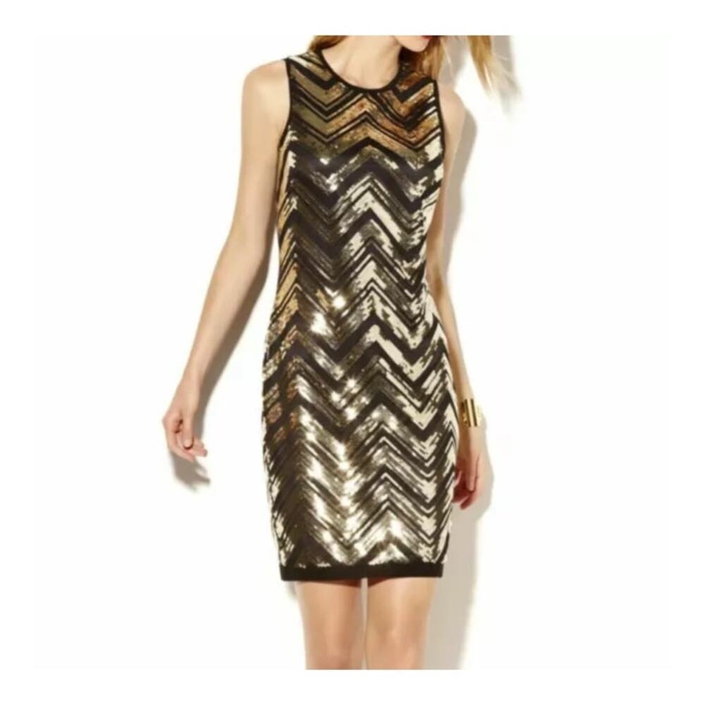 Vince Camuto Black Gold Sequin Dress Chevron Sleeveless Lined Fringe Hem Gatsby